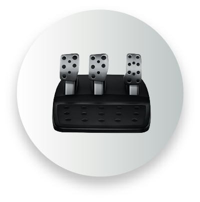 Set of three metal gaming pedals for a racing simulator, mounted on a black base.