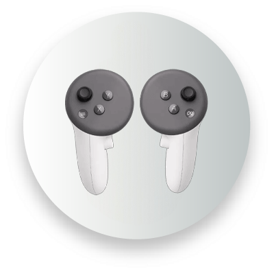 Two white and gray game controllers with buttons
