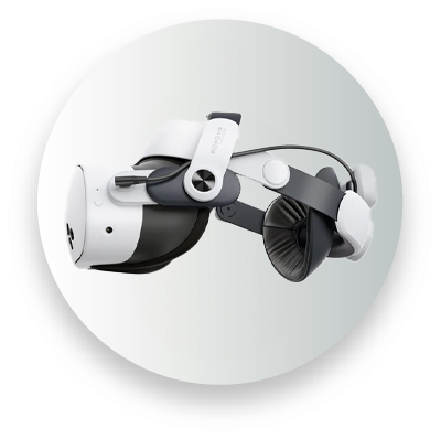 White and black VR headset with adjustable straps and circular head padding, designed for virtual reality experiences.