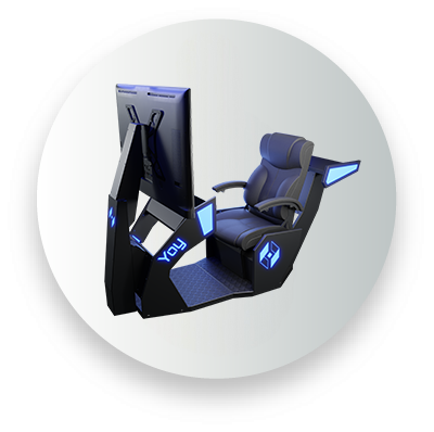 Gaming simulator chair with a screen and illuminated controls.